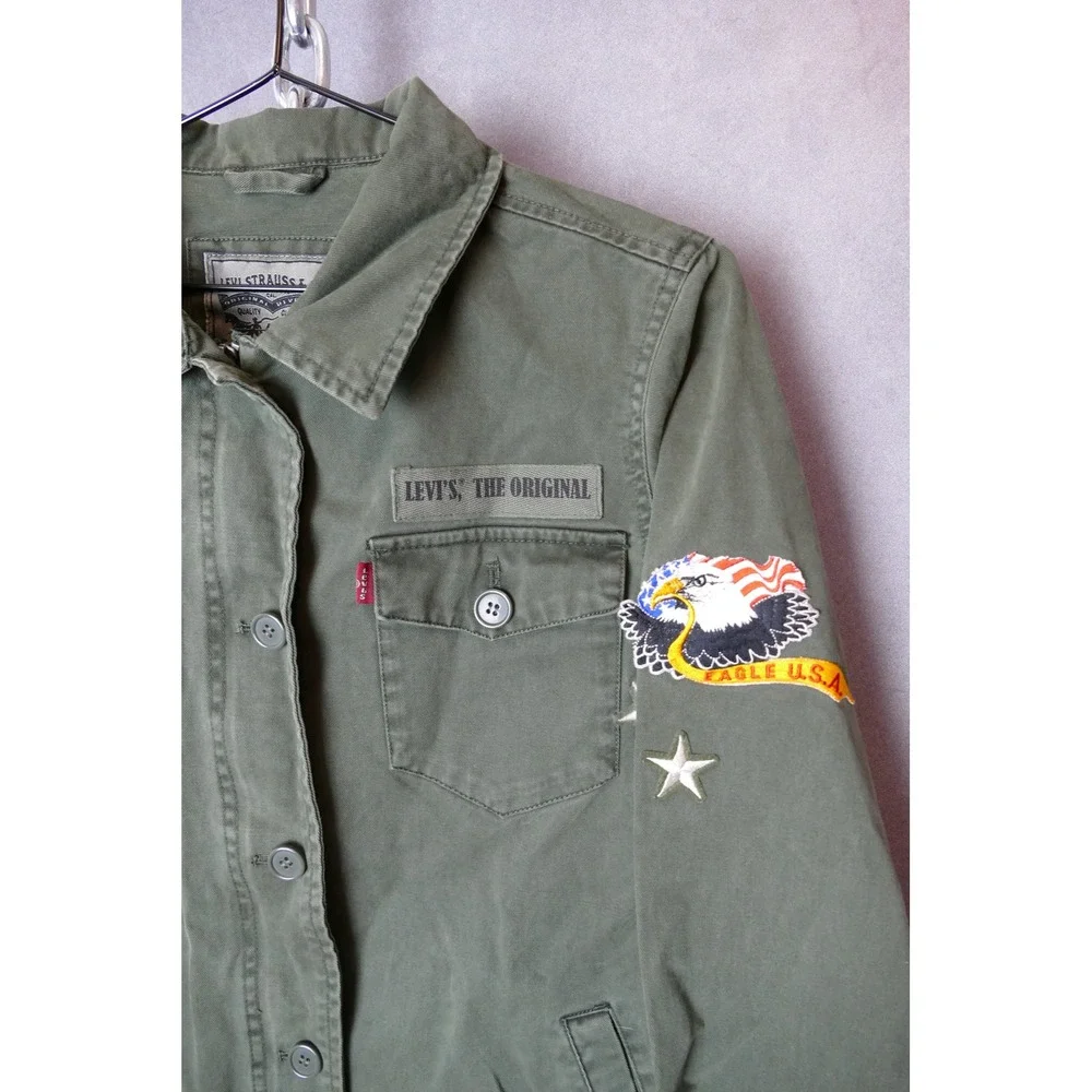 Levi's Military Style Olive Green Shirt Jacket Patches Star Eagle Womens Medium‎ - Picture 3 of 11